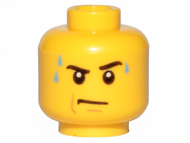 LEGO minifigure head 3626pb0643 with black raised left eyebrow, light blue sweat, and a stern expression.
