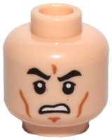 LEGO minifigure head with an angry scowl, black eyebrows, upper eyelids, medium nougat cheek lines, chin dimple, and open mouth with teeth.