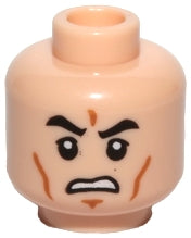LEGO minifigure head with an angry scowl, black eyebrows, upper eyelids, medium nougat cheek lines, chin dimple, and open mouth with teeth.