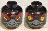 LEGO 3626pb0874 minifigure head, dual-sided alien raven: narrowed yellow eyes / wide-open bloodshot eyes, gray beak.