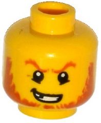 Yellow LEGO minifigure head with dark orange eyebrows and beard, black pupils, and a determined grin showing a broken tooth.