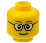Yellow LEGO minifigure head with rounded glasses, thin brown eyebrows, and a smile.