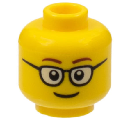 Yellow LEGO minifigure head with rounded glasses, thin brown eyebrows, and a smile.