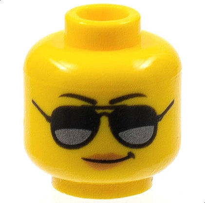 Yellow female LEGO minifigure head with black eyebrows, dark sunglasses with silver reflections, medium nougat lips, and a smirk.