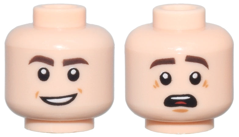 LEGO 3626pb1794 head: happy face with brown eyebrows, open mouth smile; scared face with raised eyebrows, open mouth.