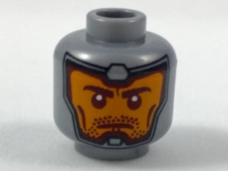 Gray LEGO minifigure head with orange face, dark red eyebrows, cheek lines, and stubble, framed by a gray balaclava print.
