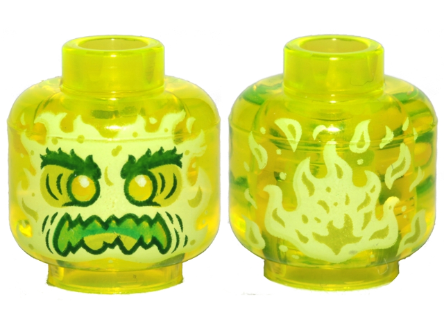 Transparent yellowish-green LEGO minifigure head. Alien ghost face: dark green brows, lime eyes, green sharp-toothed mouth, flame pattern.