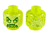 LEGO 3626pb2451 Minifigure Head, transparent yellowish-green. Front: alien ghost face with green eyes and slimy mouth. Back: flames.