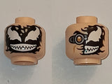 LEGO 3626pb3566 minifigure head. Dual-sided: full black Venom with white eyes/teeth, and partial Venom with silver goggle.