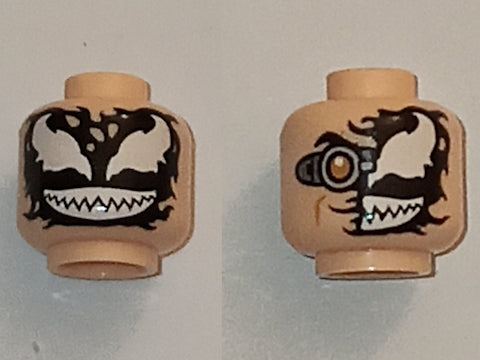 LEGO 3626pb3566 minifigure head. Dual-sided: full black Venom with white eyes/teeth, and partial Venom with silver goggle.