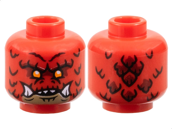 Red LEGO minifigure head 3626pb3783 with alien dragon face, orange eyes, dark tan chin, sharp teeth, and scales.