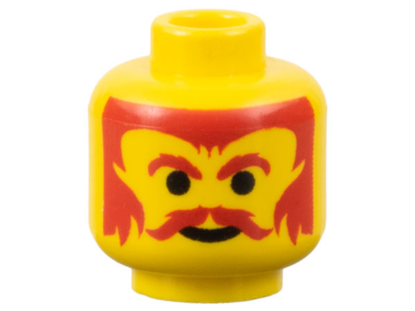 Yellow LEGO minifigure head with red moustache, eyebrows, and hair pattern on a white background.