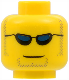 Yellow LEGO minifigure head with black sunglasses, dark blue lenses, dark tan sideburns and goatee stubble, and a grin.