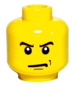 Yellow LEGO 3626px302 minifigure head with angry eyebrows, a scowl, black chin line, and left cheek dimples pattern.