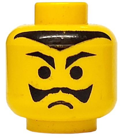 Yellow LEGO minifigure head with black pointed eyebrows, mustache, hairline, and frown pattern.