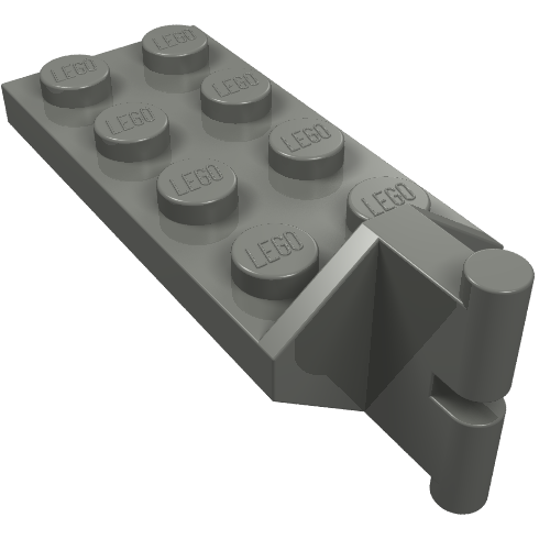 Grey LEGO 3639 Hinge Plate 2x4 with articulated male joint. Top studs embossed with 'LEGO'.