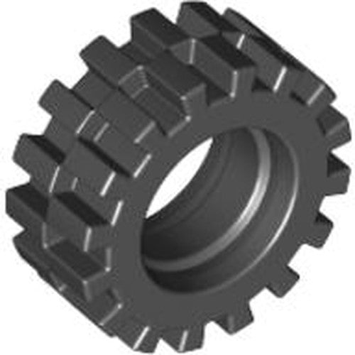 Dark grey LEGO 3641 tire, 15mm D. x 6mm, with a small, offset block tread pattern, angled view.