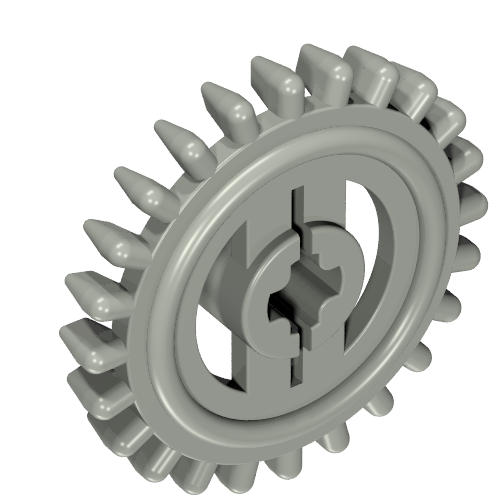 Light gray LEGO Technic 24-tooth crown gear (part 3650a) with a central axle hole.