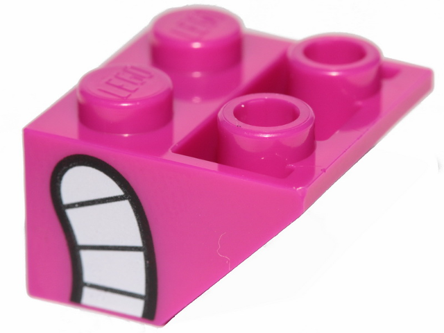 Pink LEGO 3660pb022 inverted 45° 2x2 slope brick with a mouth and teeth print on the side.