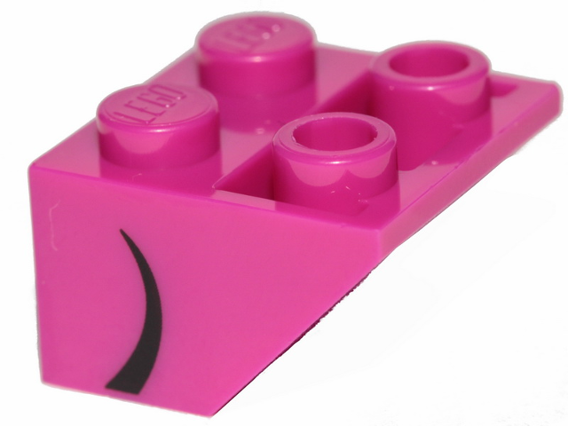 Magenta LEGO Slope Inverted 45° 2 x 2 brick with two studs, featuring a black curled line print on the side.