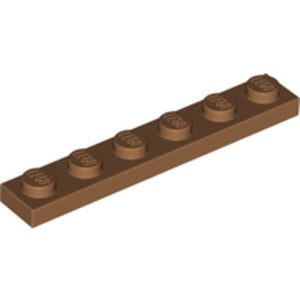 Dark brown LEGO 1x6 plate, showing six studs, angled view on white background