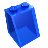 Translucent blue LEGO Slope 65 2x2x2 brick, no bottom tube, with two studs on top.