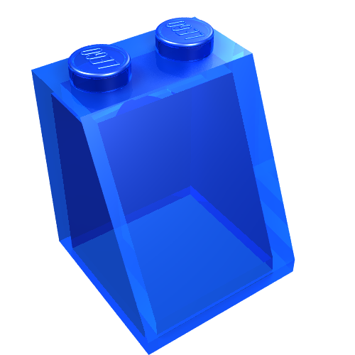 Translucent blue LEGO Slope 65 2x2x2 brick, no bottom tube, with two studs on top.