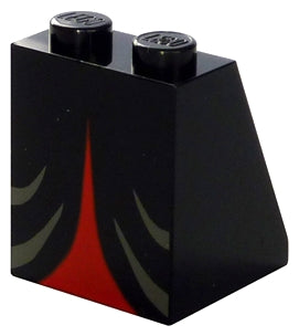 Black LEGO 2x2x2 slope 65 brick featuring a dark gray and red witch skirt pattern on the front.