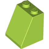 Lime green LEGO slope brick, part 3678b, 2x2x2, 65 degree angle, with two studs visible on top.