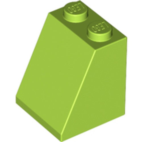 Lime green LEGO slope brick, part 3678b, 2x2x2, 65 degree angle, with two studs visible on top.
