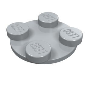 Light grey LEGO 3679 Turntable 2 x 2 Plate Top, featuring four studs with 'LEGO' embossed on a circular base.