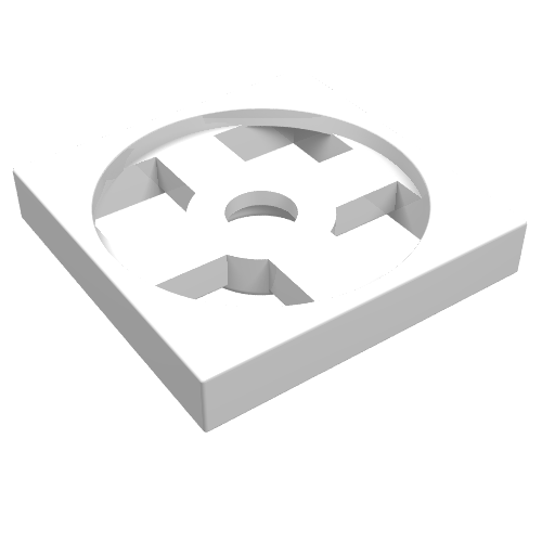 White LEGO Turntable 2 x 2 Plate Base (part 3680) with a central circular cut-out and four L-shaped slots.