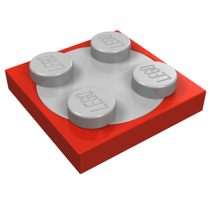 Red LEGO 2x2 turntable plate with a light bluish gray rotating top and four studs embossed with LEGO logo.