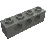 Dark gray LEGO Technic brick 1x4 with four studs on top and four circular holes through its side.