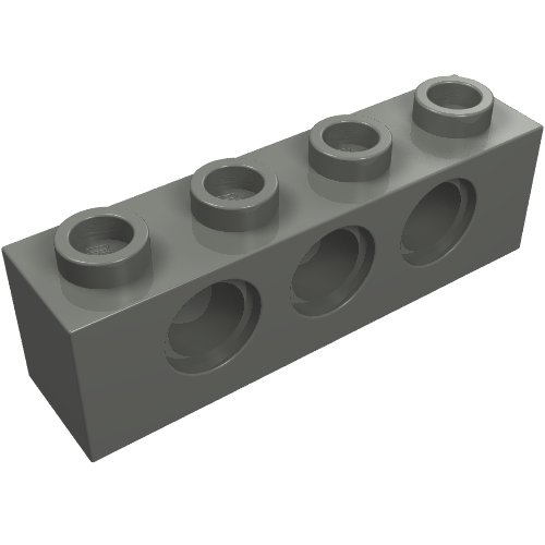 Dark gray LEGO Technic brick 1x4 with four studs on top and four circular holes through its side.