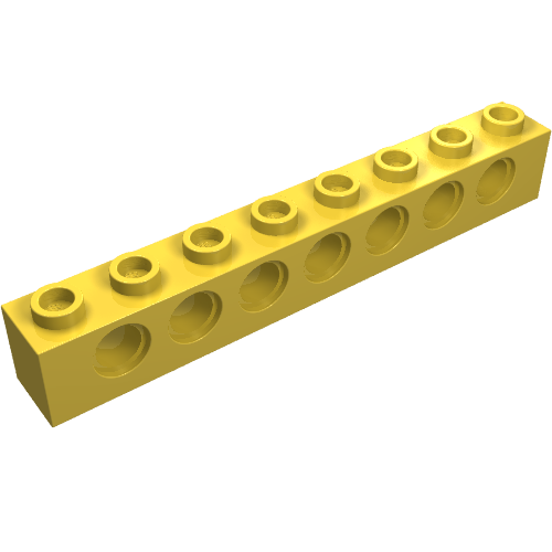 Yellow LEGO Technic brick 1x8 with eight holes.