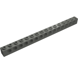 Gray LEGO Technic Brick 1 x 16 with 15 pin holes along its side and studs on top.