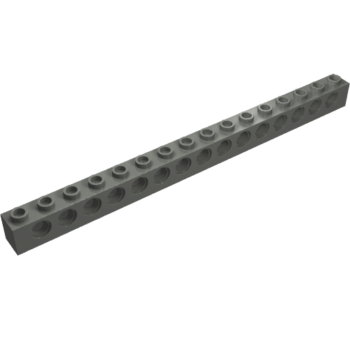 Gray LEGO Technic Brick 1 x 16 with 15 pin holes along its side and studs on top.