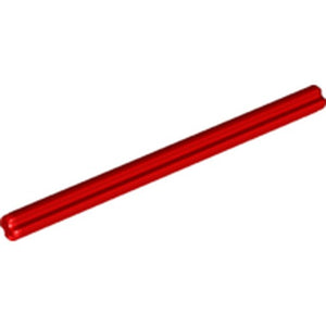 Red LEGO Technic Axle 8L, a long, thin rod with grooves, against a white background.