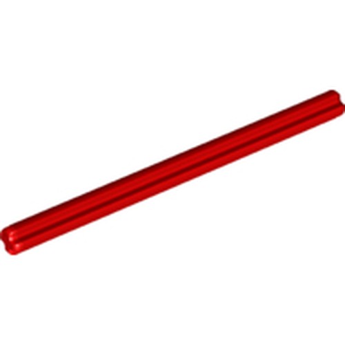 Red LEGO Technic Axle 8L, a long, thin rod with grooves, against a white background.