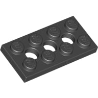 Dark grey LEGO Technic Plate 2 x 4 with 3 Holes, viewed from above.