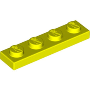 A single bright yellow LEGO 1x4 plate, showing four studs with the LEGO logo, viewed from an angle.