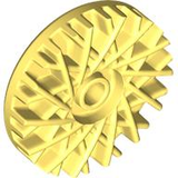 Close-up of a bright yellow LEGO 37195 Wheel Cover 28 Spoke, 18mm D., for Wheel 56145, showing its radial design.