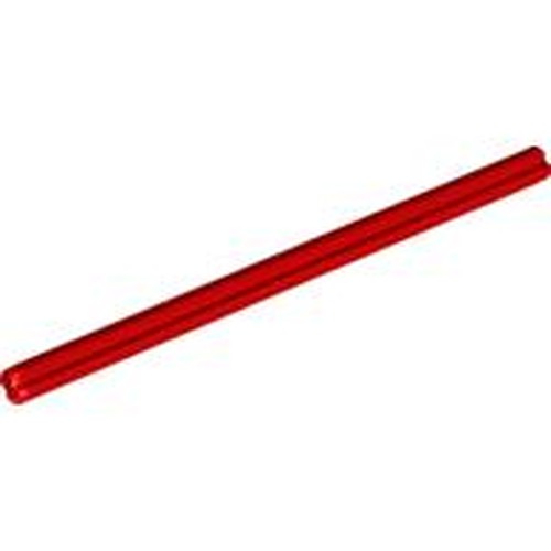 Red LEGO Technic Axle 10L. A straight, dark red plastic rod with molded grooves and round/cross ends.