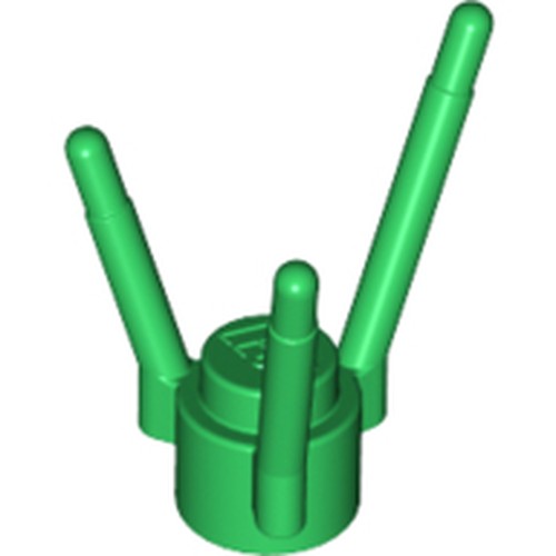Green LEGO 3741 plant flower stem piece with a central stud and three outward-angled stems with rounded tips.
