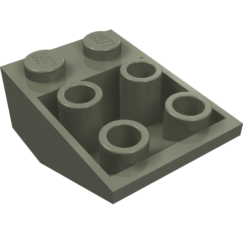 A single dark grey LEGO inverted slope 3x2 with two top studs and five bottom anti-studs, seen from an angled view.