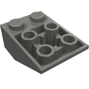 Dark gray LEGO inverted slope 3x2 brick, 33 degree, with two top studs and visible bottom flat pin connections.