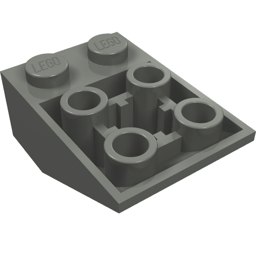Dark gray LEGO inverted slope 3x2 brick, 33 degree, with two top studs and visible bottom flat pin connections.