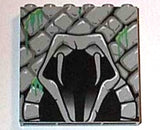 LEGO 3754pb03 brick with a grey stone wall and open snake mouth with fangs pattern, featuring green slime details.