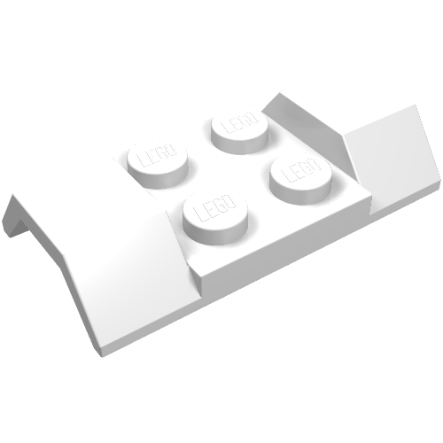 A white LEGO 2x4 mudguard with a smooth arch, showing four studs with the LEGO logo, viewed from an angle.